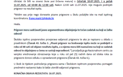 UPUTE ZA UČENICE I UČENIKE NA DRŽAVNOJ MATURI 2024./2025. NAKON OBJAVE REZULTATA