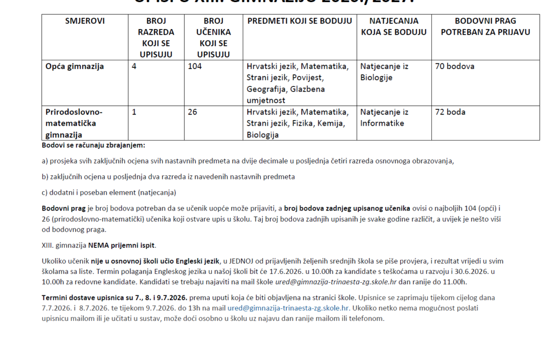 UPISI U XIII. GIMNAZIJU 2026./2027.